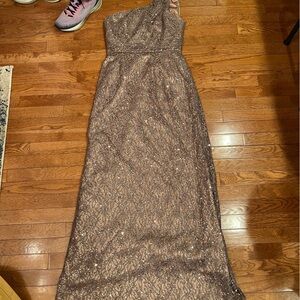 Elegant One-Shoulder Lace Evening Gown - Brown